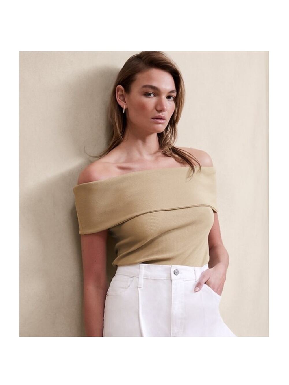 Banana Republic Factory Maverick Tan Ribbed Off Shoulder Top